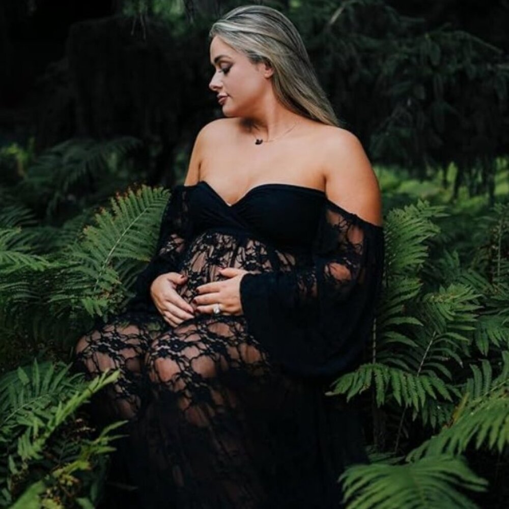 Black Lace Off Shoulder Doubly Split Maternity Maxi Dress for Photoshoot - Picture 4 of 16